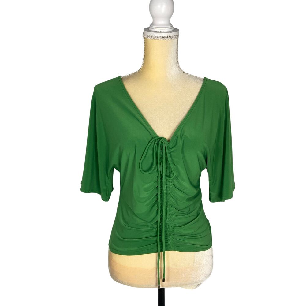 White House Black Market Green Ruched V Neck Top Size Small